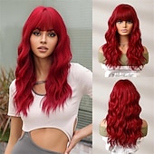 economico Parrucche trendy sintetiche-Parrucca rossa lunga 24 pollici con frangia per donna, parrucche ricce ondulate parrucche sostitutive dei capelli in fibra sintetica resistente al calore per cosplay festa di Halloween abbigliamento
