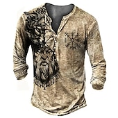 olcso Vintage&amp;amp;Retro-Férfi Grafika Viking Henley ing Hosszú ujj 3D nyomtatás Napi Alkalmi Vintage Retro Hétköznapi Szabadság Alkalmi Tavasz &amp; Ősz Khakizöld Henley Henley póló