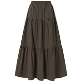 cheap Dresses-Women&#039;s Skirt Swing Long Skirt Fashion Casual Maxi Mid Waist Skirts Solid Colored Ruched Ruffle Vacation Street Black Wine Purple Brown Spring &amp; Summer Cotton Linen