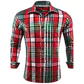 abordables Atuendo para escena navideña-Camisas estampadas con escenas navideñas para hombre, camisas a cuadros, informales, para exteriores, para la calle, para otoño&amp;amp;Vestido de invierno de manga larga burdeos tallas S, M y L