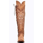 levne Cowboy &amp; Western Boots-dámské hnědé vyšívané šněrovací kovbojské boty nad kolena, westernový styl pro ležérní outfity a country akce