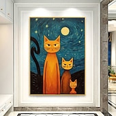 preiswerte Tiergemälde-handgemalter Ölgemälde, Leinwand, Wandkunst, Dekoration, abstraktes Messergemälde, Sternenkatze im Van-Gogh-Stil, für Heimdekoration, gerolltes, rahmenloses, ungedehntes Gemälde