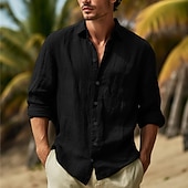 cheap Vacation-Men&#039;s Shirt Cotton Linen Shirt Summer Shirt Beach Wear Button Up Shirt Plain Vacation Curise Black White Pink Navy Blue Long Sleeve Lapel Spring &amp; Summer Clothing Apparel