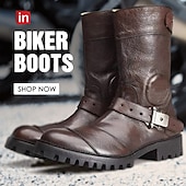baratos Botas de motociclista-botas masculinas de couro sintético marrom para motociclistas com tiras de fivela – botas resistentes de cano médio para motociclistas e uso ao ar livre