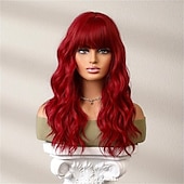 economico Parrucche trendy sintetiche-Parrucca rossa lunga 24 pollici con frangia per donna, parrucche ricce ondulate parrucche sostitutive dei capelli in fibra sintetica resistente al calore per cosplay festa di Halloween abbigliamento