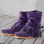 olcso Slouch Boots-női rojtos velúr mokaszin csizma csatos részletekkel - lezser és kényelmes western stílusú bokacsizma