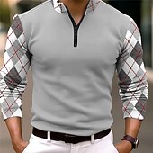 Men's Plaid Zip Polo Long Sleeve Polo Shirts Zip Business Outdoor Casual Daily Streetwear 3D Print Fall & Winter Black White Dark Navy 7