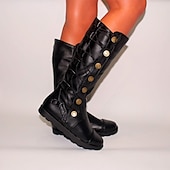 abordables Botas vintage-Botas altas medievales con cordones marrones para mujer: botas vintage de piel sintética con botones decorativos para cosplay, ferias renacentistas y recreaciones históricas