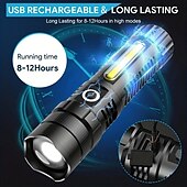 Χαμηλού Κόστους Φακοί-1 τεμ led tactical φακός 90000 high lumen, μαγνητικός επαναφορτιζόμενος φακός με φως εργασίας cob, xhp70.2 σούπερ φωτεινό led, με δυνατότητα zoom, αδιάβροχο, 4 modes φώτα led για κατασκήνωση, έκτακτη