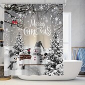 abordables Baño de Navidad-Cortina de ducha navideña de muñeco de nieve, juego de cortinas impermeables con 12 ganchos, accesorios de baño navideños, decoración navideña