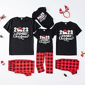 cheap Christmas Family Pajamas-Family Christmas Family Pajamas Pajamas Graphic Plaid Pajamas Cute Christmas Pajamas School Print Colorblock Black White Long Sleeve Mommy And Me Outfits Active Matching Outfits