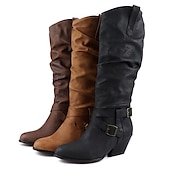 olcso Slouch Boots-női nyúlós, térdig érő csizma csatos pánttal és egymásra rakott sarokkal, sokoldalú alkalmi lábbeli, többféle színben elérhető őszre és télre