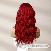 economico Parrucche trendy sintetiche-Parrucca rossa lunga 24 pollici con frangia per donna, parrucche ricce ondulate parrucche sostitutive dei capelli in fibra sintetica resistente al calore per cosplay festa di Halloween abbigliamento