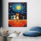 preiswerte Tiergemälde-handgemalter Ölgemälde, Leinwand, Wandkunst, Dekoration, abstraktes Messergemälde, Sternenkatze im Van-Gogh-Stil, für Heimdekoration, gerolltes, rahmenloses, ungedehntes Gemälde