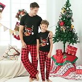 cheap Christmas Family Pajamas-Family Christmas Family Pajamas Pajamas Graphic Plaid Pajamas Cute Christmas Pajamas School Print Colorblock Black White Long Sleeve Mommy And Me Outfits Active Matching Outfits