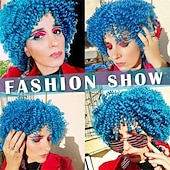 economico Parrucche trendy sintetiche-parrucche afro corte e ricce per le donne parrucca riccia crespa blu con frangia bomba capelli ricci parrucche sintetiche senza colla complete in fibra resistente al calore parrucca di Halloween di