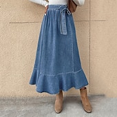 economico Gonne semplici-Per donna Gonna Linea A Altalena a dondolo Di tendenza Informale Maxi Vita alta Gonne Tinta unita Con balze Strada Giornaliero Blu Inverno Denim