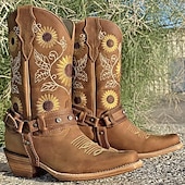 tanie Kowboj i zachodnie buty-damskie kowbojskie buty w stylu western z haftem słonecznika – vintage&#039;owe buty festiwalowe ze sztucznej skóry z paskiem na festiwale muzyczne i do noszenia na co dzień