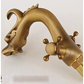 economico Classici-rubinetto per lavabo da bagno per vasca, novità stile lungo a forma di drago con montaggio esterno rubinetti per vasca da bagno alti con due maniglie e un foro in ottone antico