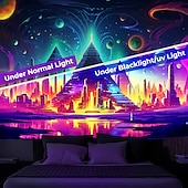 preiswerte Blacklight -Wandteppiche-Schwarzlicht-Wandteppich, UV-reaktiv, leuchtet im Dunkeln, Glow Party, Neon, trippige, neblige Pyramide, Ägypten, Wandteppich, Wandbild für Wohnzimmer, Schlafzimmer