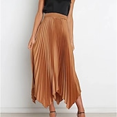 preiswerte Schlichte Röcke-Damen Rock Schaukel Langer Rock Elegant Modisch Maxi Hoher Taillenbund Röcke Einfarbig Gefaltet Asymmetrischer Saum Party Strasse Schwarz Weiß Wein Dunkelgrün Frühling Sommer Satin