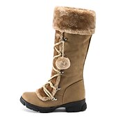 baratos Botas de neve e inverno-botas de inverno femininas de pele sintética preta com cadarços de pompom - isolamento quente, design na altura do joelho, solas antiderrapantes para clima frio e dias de neve