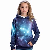 billiga Flickans 3D Vision &amp; Skinande-Flickor 3D Galax Huvtröja Pullover Långärmad 3D-tryck Höst Vinter Aktiv Mode söt stil Barn 3-12 år Utomhus Ledigt Dagligen Normal