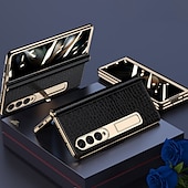 cheap Samsung Cases-Leather Phone Case for Samsung Galaxy Z Fold 5 4 3 Fold4 Fold5 Gold Plating Magnetic Hinge Stand Back Cover with Mirror Film