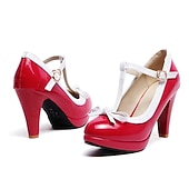 お買い得  プラットフォームパンプス-女性用ブラックパテントレザーTストラップハイヒール、ホワイトトリムと蝶結びの装飾付き - 特別な機会にぴったりのクラシックなレトロスタイル