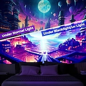 رخيصةأون Tapestries Blacklight-نسيج أسود يتفاعل مع الأشعة فوق البنفسجية ويتوهج في الظلام للحفلات المضيئة النيونية الضبابية المصرية المعمارية معلقة على الحائط لتزيين غرفة المعيشة وغرفة النوم