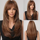 economico Parrucche trendy sintetiche-evidenzia parrucca bionda marrone con frangia parrucche diritte naturali di media lunghezza per donne parrucche sintetiche in fibra resistente al calore per cosplay quotidiano