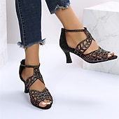 cheap Dress Sandals-Women&#039;s Black Rhinestone Strappy High Heel Sandals with Cut-Out Design for Dance and Evening Wear