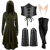baratos Conjuntos-Retro Vintage Punk e gótico Medieval Vestidos Corpete Roupa Viking Ranger Elfo Tiro com arco Mulheres Viking Fantasia Dia Das Bruxas Carnaval Festa Casual / Diário LARP Adulto Vestido Cinto Meias