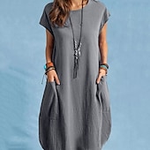 abordables concevoir des robes en coton et lin-Femmes Noir Blanche bleu marine Été Printemps Robe Midi Robes inspirées du lin Robe Décontractée Robe fourreau Classique Occasionnel Extérieur Vacances Quotidien Coupe régulière Couleur Unie Col ras