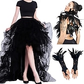 billiga Outfits-set med tyll tutu kjol fjäder cape spetshandskar 3 st hög midja dam hög midja hög låg lager tyll golvlängd kjol fjäder sjalar outfits elak kostym punk gothic halloween fest karneval