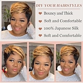 baratos Perucas de Qualidade Superior-peruca bob mel dourada e preta com corte pixie - cabelo sintético curto e liso para mulheres