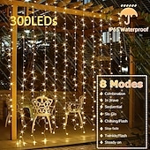 abordables Guirlandes solaires-Guirlande lumineuse de rideau solaire extérieur, 3 * 3 m-300 LED/3 * 2 m-200 LED/3 * 1 m-100 LED, 8 modes d&#039;éclairage, étanche IP65, convient pour le jardin, le porche, les fêtes de mariage dans le jardin, Noël de Thanksgiving.