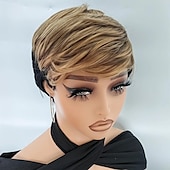 baratos Perucas de Qualidade Superior-peruca bob mel dourada e preta com corte pixie - cabelo sintético curto e liso para mulheres