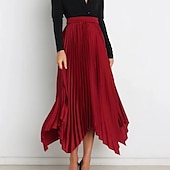 preiswerte Schlichte Röcke-Damen Rock Schaukel Langer Rock Elegant Modisch Maxi Hoher Taillenbund Röcke Einfarbig Gefaltet Asymmetrischer Saum Party Strasse Schwarz Weiß Wein Dunkelgrün Frühling Sommer Satin