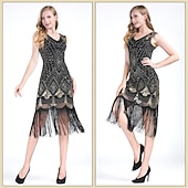 preiswerte 1920er Kleider-Goldene Zwanziger 1920er Knielang Flapper Kleid Outfits Zubehörset Ärmellos Der große Gatsby Hochzeitsgast Pailletten Quastenfransen Pailletten Quaste V Ausschnitt Kostüm Damen Karneval Maskerade
