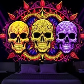 cheap Halloween Wall Tapestries-Halloween Blacklight Tapestry UV Reactive Glow in the Dark Glow Party Neon Skulls Totem Psychedelic Trippy Misty Hanging Tapestry Wall Art Mural for Living Room Bedroom