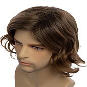 abordables Perruque homme-Perruque marron courte bouclée pour hommes, perruque de remplacement de cheveux synthétiques avec raie latérale pour costume de fête quotidien Halloween