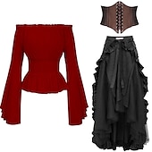 cheap Outfits-Sets with Off Shoulder Blouse Skirt Underbust Corset 3 PCS Women&#039;s Gothic Medieval Steampunk Renaissance Retro Vintage Pirate Viking Outfits Casual Daily LARP Costumes