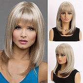 baratos peruca mais velha-peruca bob marrom com franja, curta reta com cabelo loiro com mechas micro cachos, peruca sintética na altura dos ombros, peruca sintética resistente ao calor para mulheres meninas uso diário de 16