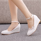 cheap Casual-Women&#039;s White Lace Wedge Wedding Shoes – Elegant Floral Embroidery with Ankle Strap for Brides and Special Occasions