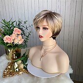 cheap Older Wigs-Curly Ombre Blonde Pixie Cut Wigs for White Women,Layered Wig Brown to Blonde Gradient Short Pixie Bob Cut Wig with Bangs Short Cute Wig for Women Highlight Wig(Ombre Brown to Blonde)