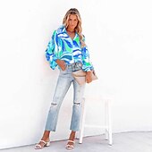 cheap Women&#039;s Graphic Tops-Women&#039;s Shirt Blouse Fashion Buttons Print Long Sleeve Regular Tops Shirt Collar Casual Blue Purple Green Gray Spring &amp;  Fall