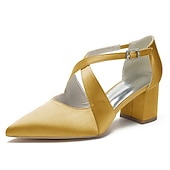 cheap Semi-Formal-Elegant Women&#039;s White Satin Pointed Toe Block Heels – Crisscross Strap Design for Weddings, Formal Parties, and Special Occasions