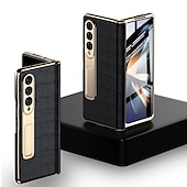 cheap Samsung Cases-Leather Phone Case for Samsung Galaxy Z Fold 5 4 3 Fold4 Fold5 Gold Plating Magnetic Hinge Stand Back Cover with Mirror Film
