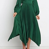 preiswerte Schlichte Röcke-Damen Rock Schaukel Langer Rock Elegant Modisch Maxi Hoher Taillenbund Röcke Einfarbig Gefaltet Asymmetrischer Saum Party Strasse Schwarz Weiß Wein Dunkelgrün Frühling Sommer Satin